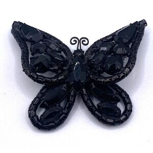 Vintage Black Rhinestone Butterfly Brooch Japanned Metal Marquise Pear Stones